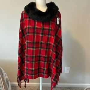 Red plaid poncho with fringe and faux fur collar